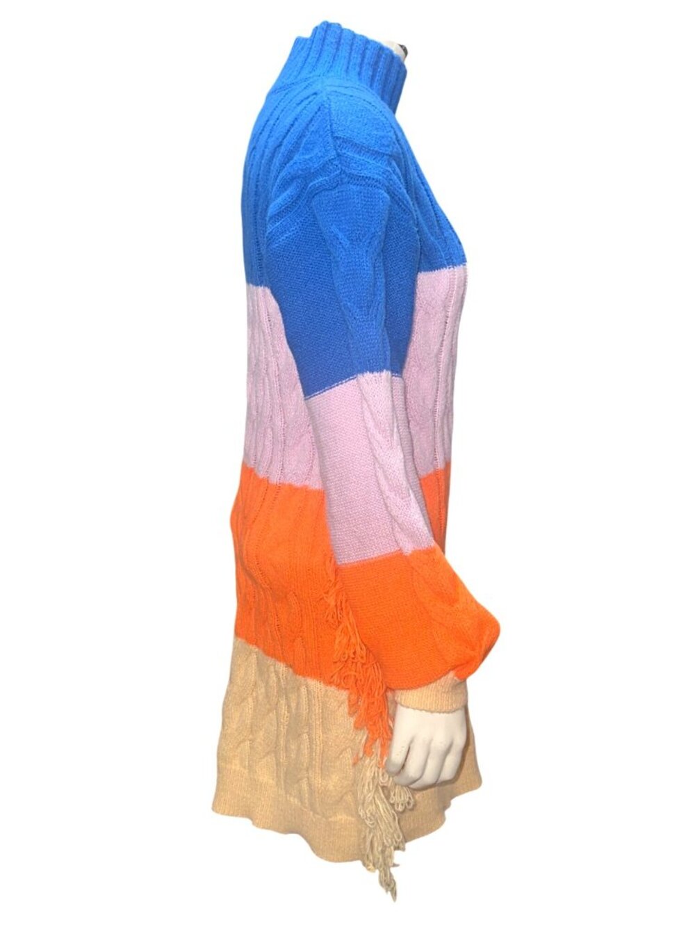 Daisy Size M Blue Pink Orange Fringe Cable Knit Turtleneck Sweater Dress Slouchy - Picture 5 of 12